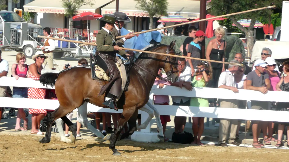A rider on a bay horse in a short jacket and wide-brimmed hat leans forward holding a long pole across the horse's side, with spectators behind a white fence