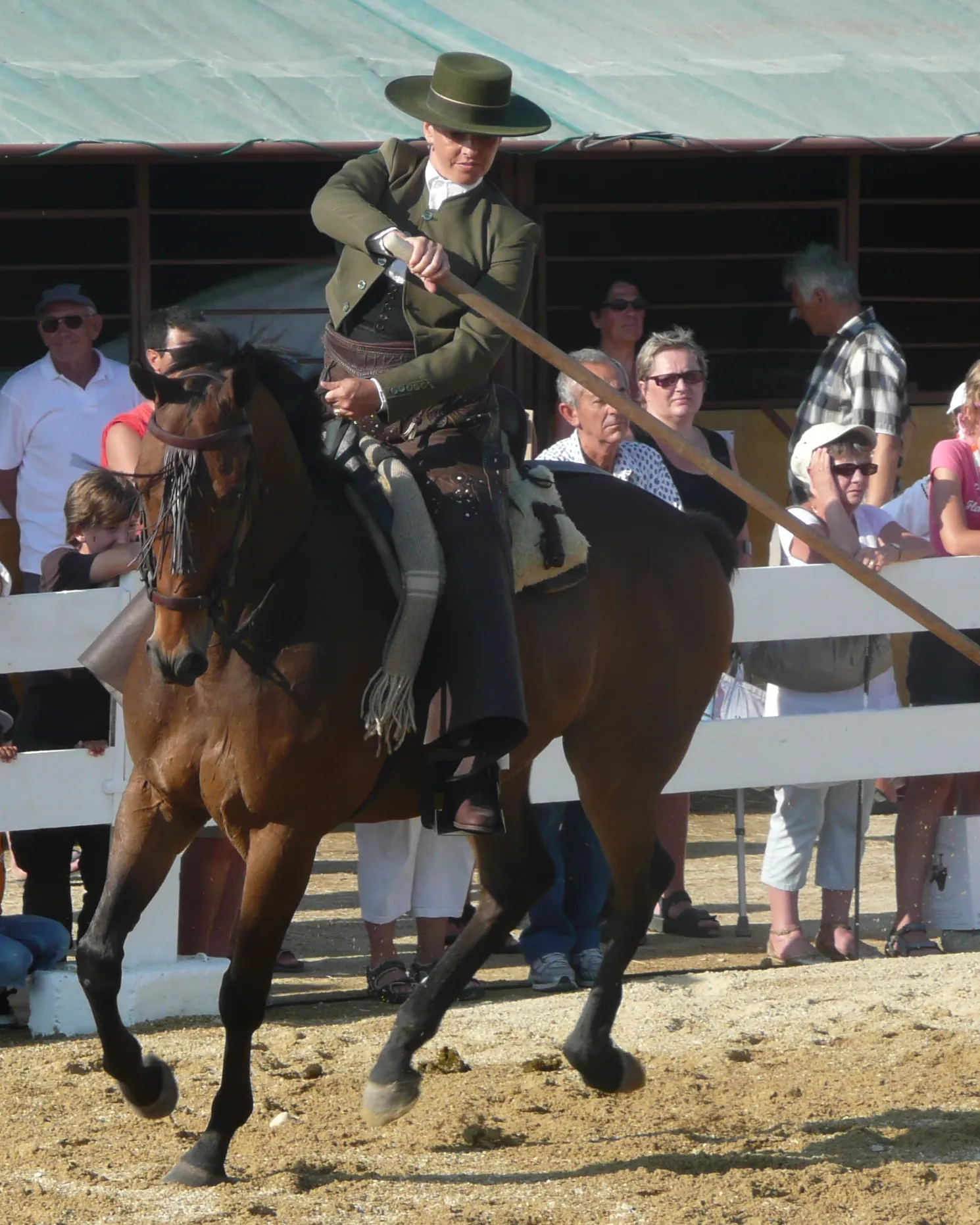 A rider in a green jacket and wide-brimmed hat on a dark bay horse leans forward holding a long pole at a doma vaquera demonstration in France, with spectators behind a white fence